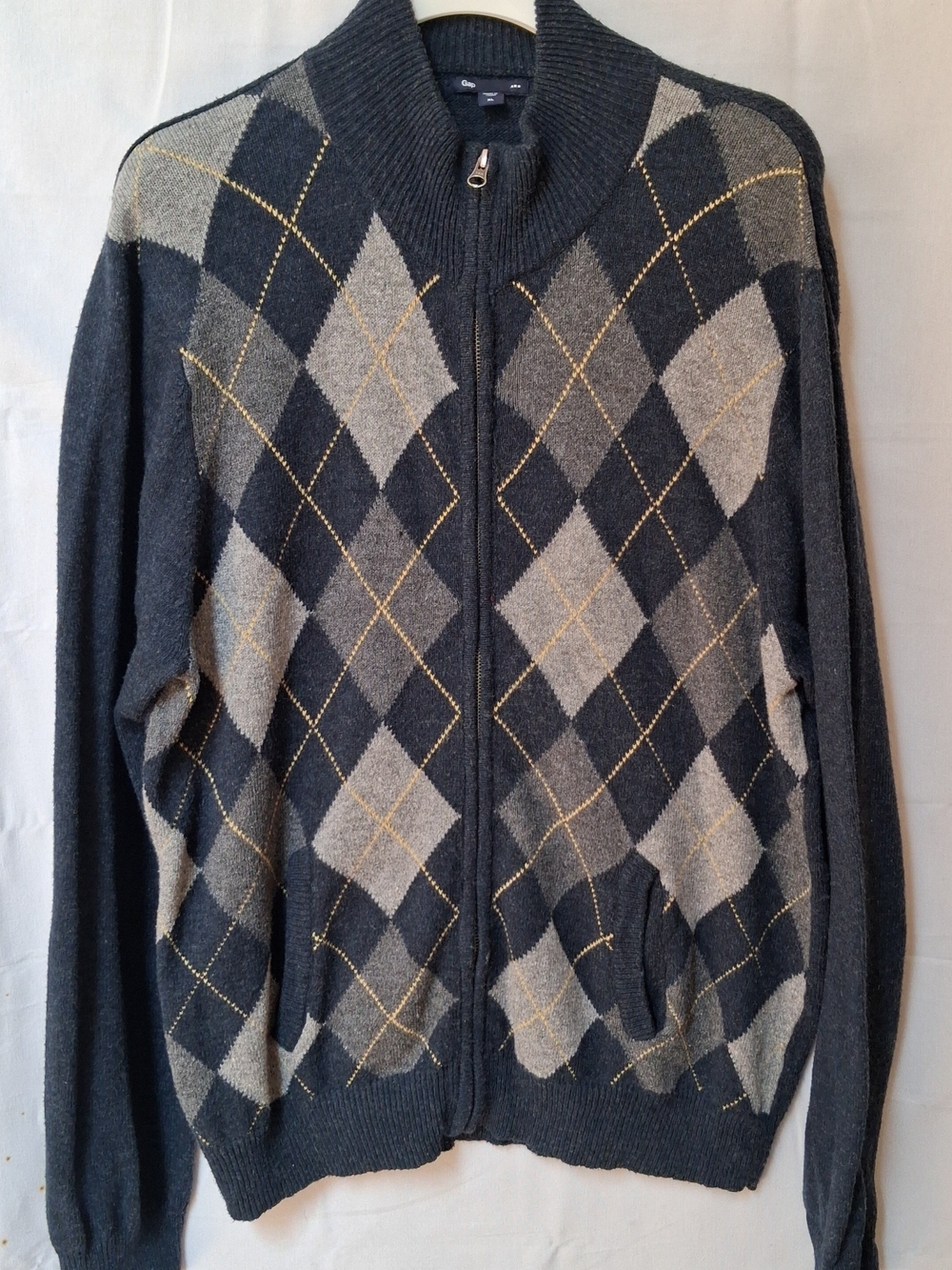 Gap Mens Argyle Full Zip Sweater Charcoal Grey Mock Neck XL